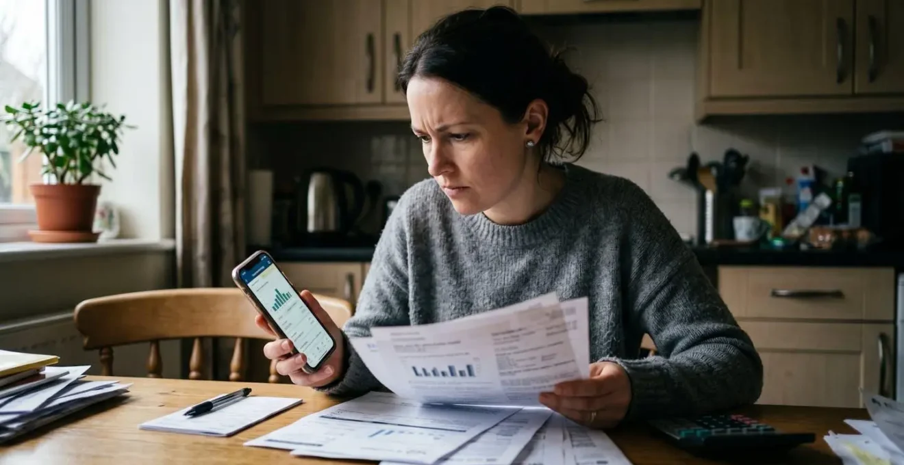 A person sitting at a kitchen table reviewing utility bills on a smartphone with a concerned expression, natural window light, everyday home setting