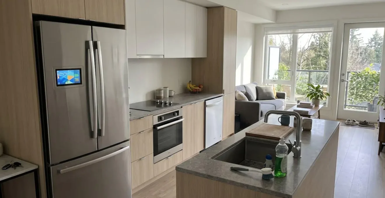 A bright, open-plan kitchen and living area with contemporary stainless steel appliances, minimalist design, and abundant natural daylight streaming through large windows