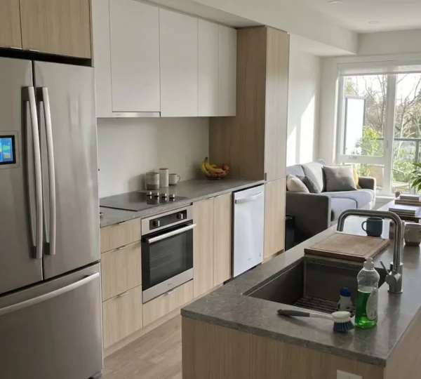 A bright, open-plan kitchen and living area with contemporary stainless steel appliances, minimalist design, and abundant natural daylight streaming through large windows