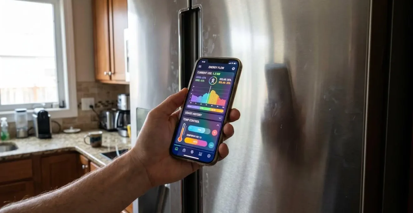 A sleek stainless steel refrigerator in a contemporary kitchen with a person's hand visible holding a smartphone showing a temperature control app interface, soft natural daylight
